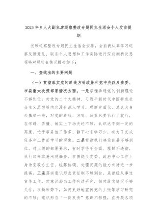 2025年乡人大副主席巡察整改专题民主生活会个人发言提纲