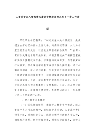 工委关于深入贯彻作风建设专题进展情况及下一步工作计划
