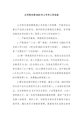 公司党支部 2025 年上半年工作总结
