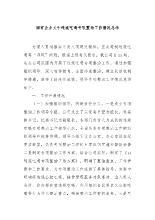 国有企业关于违规吃喝专项整治工作情况总结