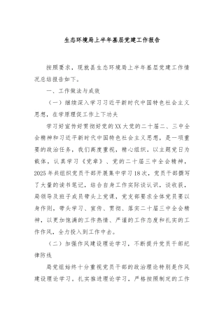 生态环境局上半年基层党建工作报告
