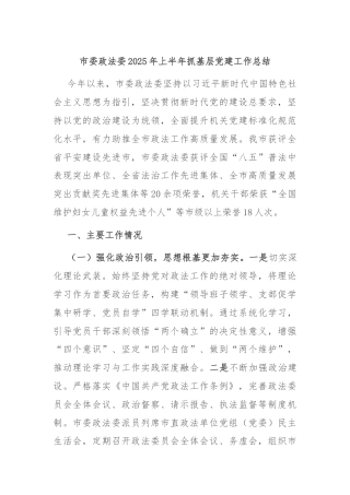 市委政法委2025年上半年抓基层党建工作总结