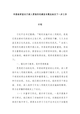 市委政研室关于深入贯彻作风建设专题总结及下一步工作计划