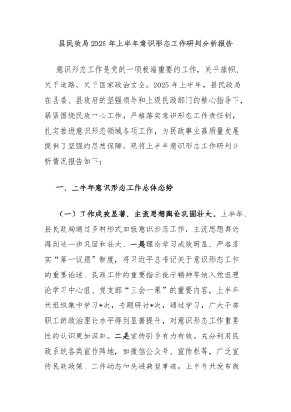 县民政局2025年上半年意识形态工作研判分析报告