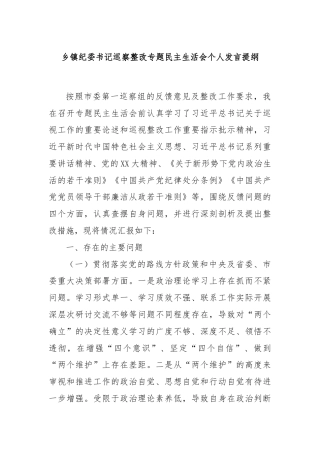 乡镇纪委书记巡察整改专题民主生活会个人发言提纲