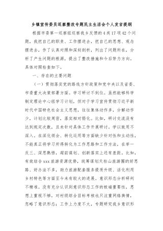 乡镇宣传委员巡察整改专题民主生活会个人发言提纲