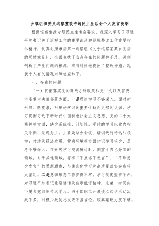 乡镇组织委员巡察整改专题民主生活会个人发言提纲