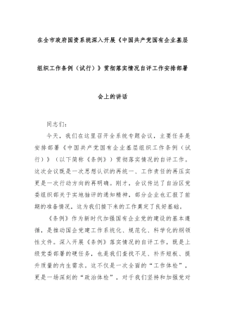 在全市政府国资系统深入开展《中国共产党国有企业基层组织工作条例（试行）》贯彻落实情况自评工作安排部署会上的讲话
