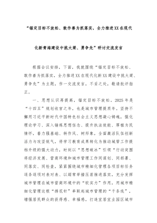 “锚定目标不放松、敢作善为抓落实，全力推进XX在现代化新青海建设中挑大梁、勇争先”研讨交流发言
