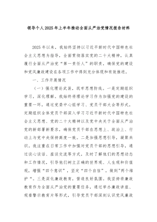 领导个人2025 年上半年推动全面从严治党情况报告材料