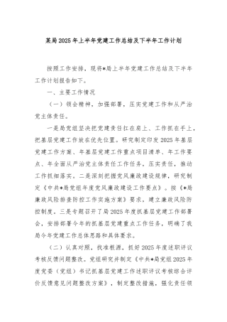 某局 2025 年上半年党建工作总结及下半年工作计划
