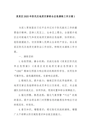 某某区2025年防汛及地质灾害综合应急演练工作方案1