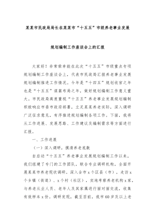 某某市民政局局长在某某市“十五五”市级养老事业发展规划编制工作座谈会上的汇报