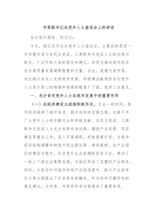 市委副书记在党外人士座谈会上的讲话
