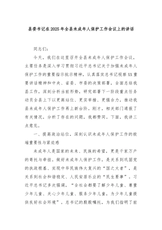 县委书记在2025年全县未成年人保护工作会议上的讲话