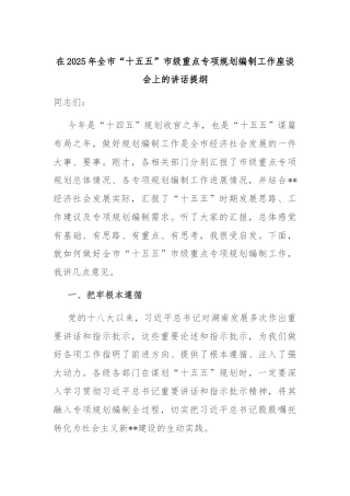 在2025年全市“十五五”市级重点专项规划编制工作座谈会上的讲话提纲