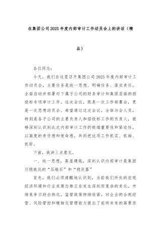 在集团公司2025年度内部审计工作动员会上的讲话（精品）