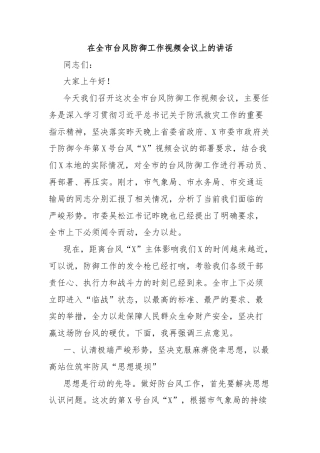 在全市台风防御工作视频会议上的讲话