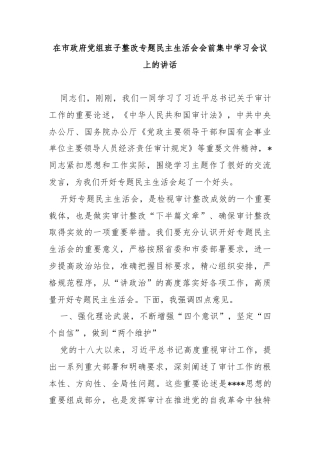 在市政府党组班子整改专题民主生活会会前集中学习会议上的讲话