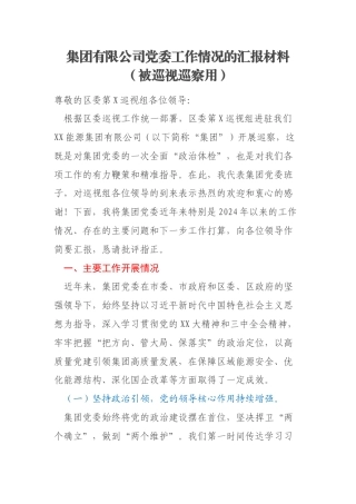 集团有限公司党委工作情况的汇报材料（被巡视巡察用）