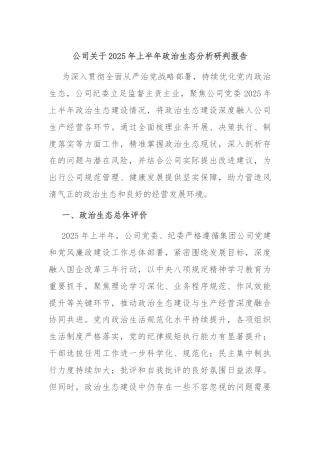 公司关于2025年上半年政治生态分析研判报告