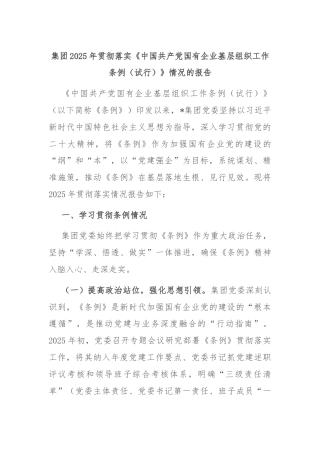 集团2025年贯彻落实《中国共产党国有企业基层组织工作条例（试行）》情况的报告