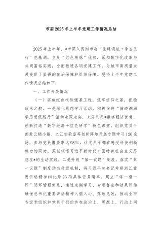 市委2025年上半年党建工作情况总结