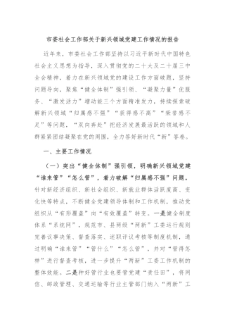 市委社会工作部关于新兴领域党建工作情况的报告