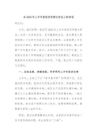 在2025年上半年度经济形势分析会上的讲话