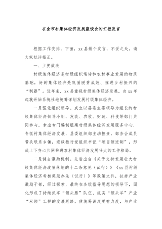 在全市村集体经济发展座谈会的汇报发言