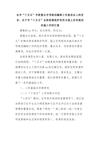 在市“十五五”市级重点专项规划编制工作座谈会上的发言：关于市“十五五”自然资源保护利用与国土空间规划实施工作的汇报