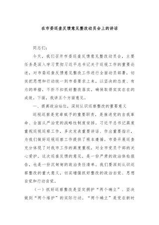 在市委巡查反馈意见整改动员会上的讲话