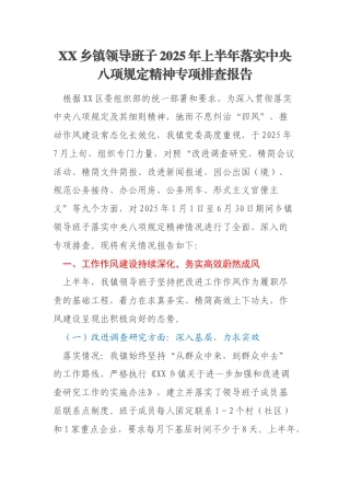 XX乡镇领导班子2025年上半年落实中央八项规定精神专项排查报告