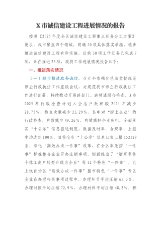 X市诚信建设工程进展情况的报告
