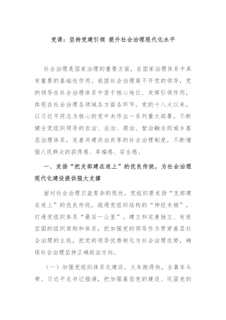 党课：坚持党建引领 提升社会治理现代化水平