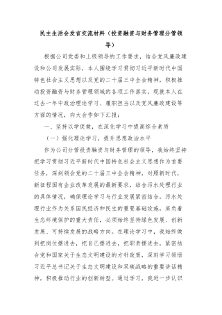 民主生活会发言交流材料（投资融资与财务管理分管领导）