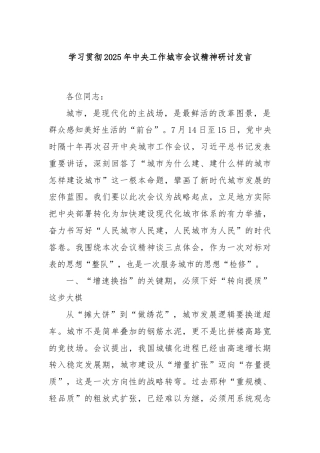 学习贯彻2025年中央工作城市会议精神研讨发言