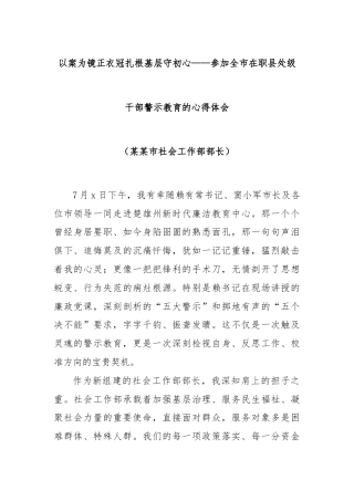 以案为镜正衣冠扎根基层守初心——参加全市在职县处级干部警示教育的心得体会（某某市社会工作部部长）