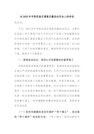 在2025年市委巡查反馈意见整改动员会上的讲话