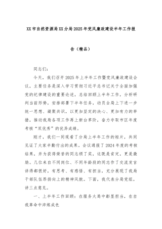 XX市自然资源局XX分局2025年党风廉政建设半年工作报告（精品）