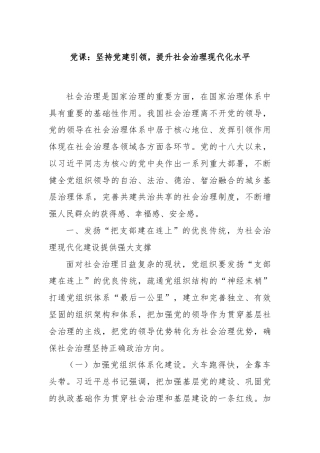 党课：坚持党建引领，提升社会治理现代化水平
