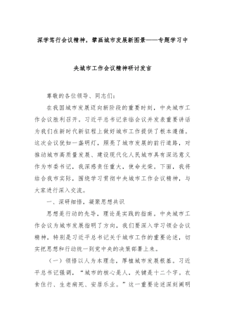 深学笃行会议精神，擘画城市发展新图景——专题学习中央城市工作会议精神研讨发言