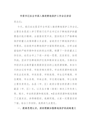 市委书记在全市深入推进耕地保护工作会议讲话