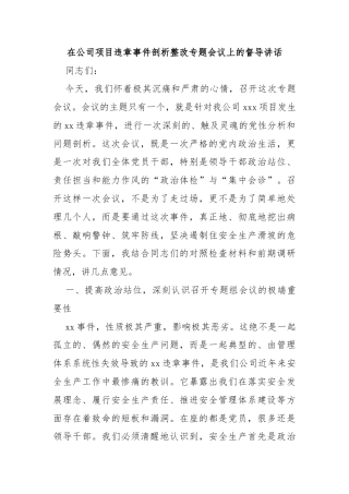 在公司项目违章事件剖析整改专题会议上的督导讲话