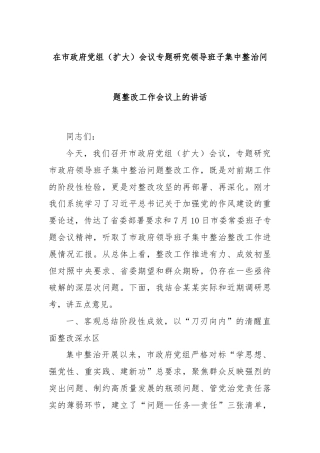 在市政府党组（扩大）会议专题研究领导班子集中整治问题整改工作会议上的讲话