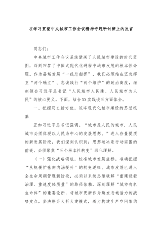在学习贯彻中央城市工作会议精神专题研讨班上的发言