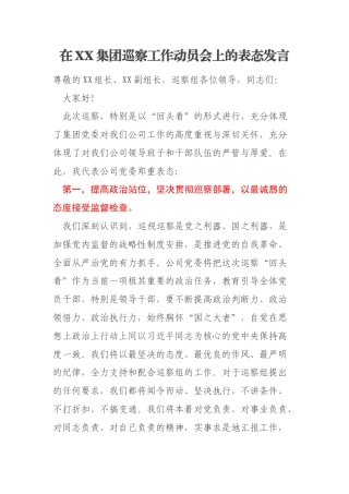 在XX集团巡察工作动员会上的表态发言