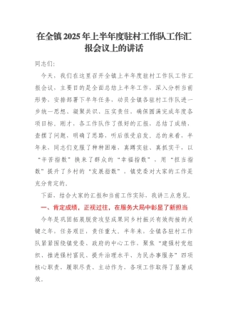 在全镇2025年上半年度驻村工作队工作汇报会议上的讲话