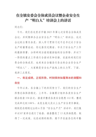 在全镇安委会全体成员会议暨企业安全生产“明白人”培训会上的讲话