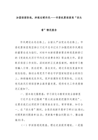 加固保密防线，淬炼过硬作风——市委机要保密局“回头看”情况报告